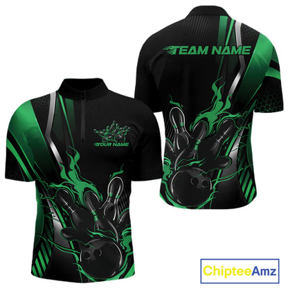 Custom Black And Green Flame Bowling Jersey, Bowling Tournament Team Men Quarter Zip Shirt IPHW12199