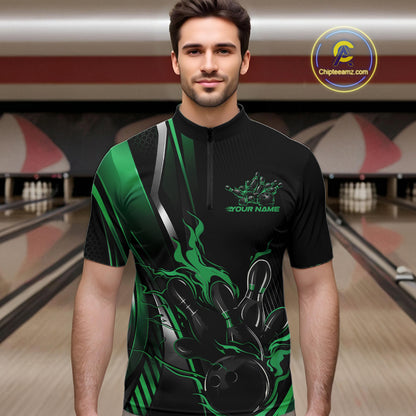 Custom Black And Green Flame Bowling Jersey, Bowling Tournament Team Men Quarter Zip Shirt IPHW12199