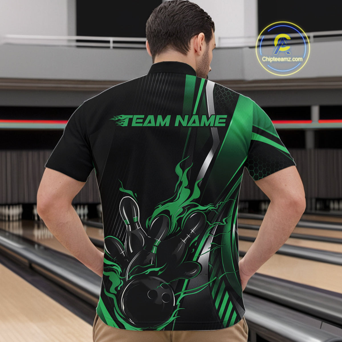 Custom Black And Green Flame Bowling Jersey, Bowling Tournament Team Men Quarter Zip Shirt IPHW12199