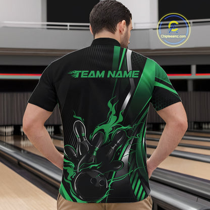 Custom Black And Green Flame Bowling Jersey, Bowling Tournament Team Men Quarter Zip Shirt IPHW12199