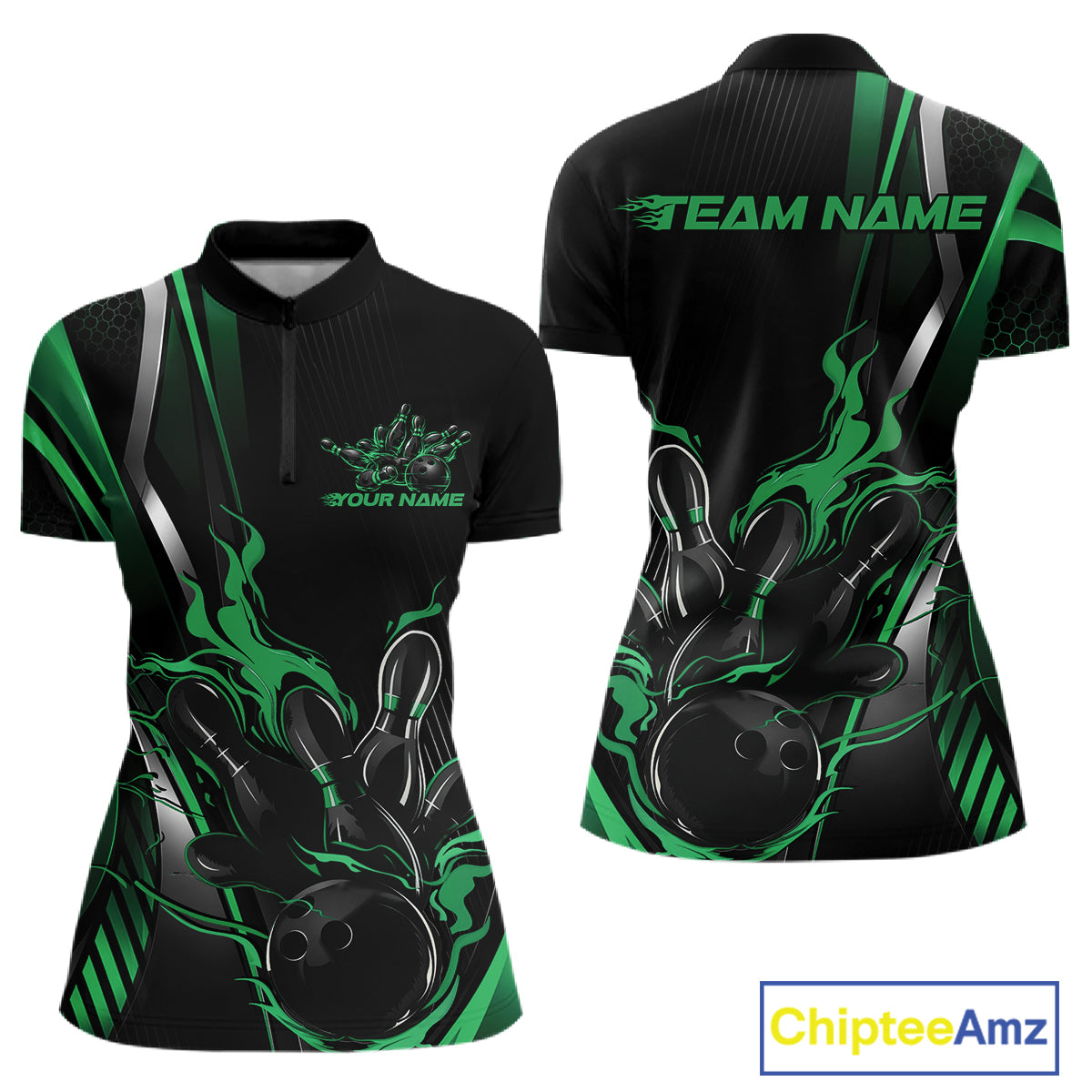 Custom Black And Green Flame Bowling Jersey, Bowling Team Women Quarter-Zip Shirt IPHW12199