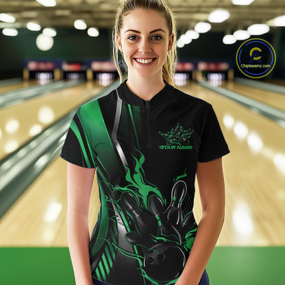 Custom Black And Green Flame Bowling Jersey, Bowling Team Women Quarter-Zip Shirt IPHW12199