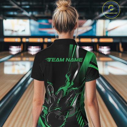 Custom Black And Green Flame Bowling Jersey, Bowling Team Women Quarter-Zip Shirt IPHW12199