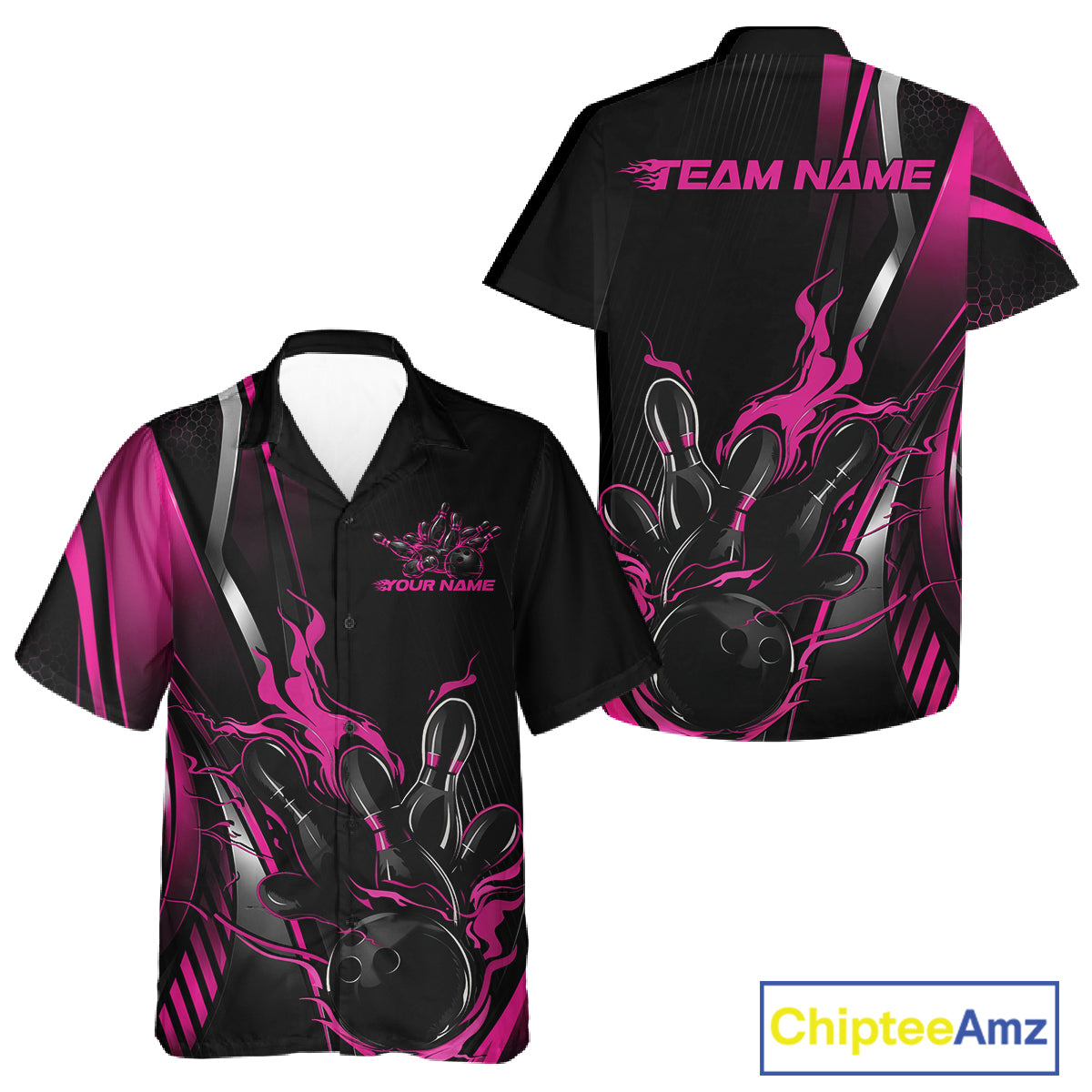 Custom Black And Pink Flame Bowling Jersey, Bowling Tournament Team Men And Women Button Up Shirt IPHW12200