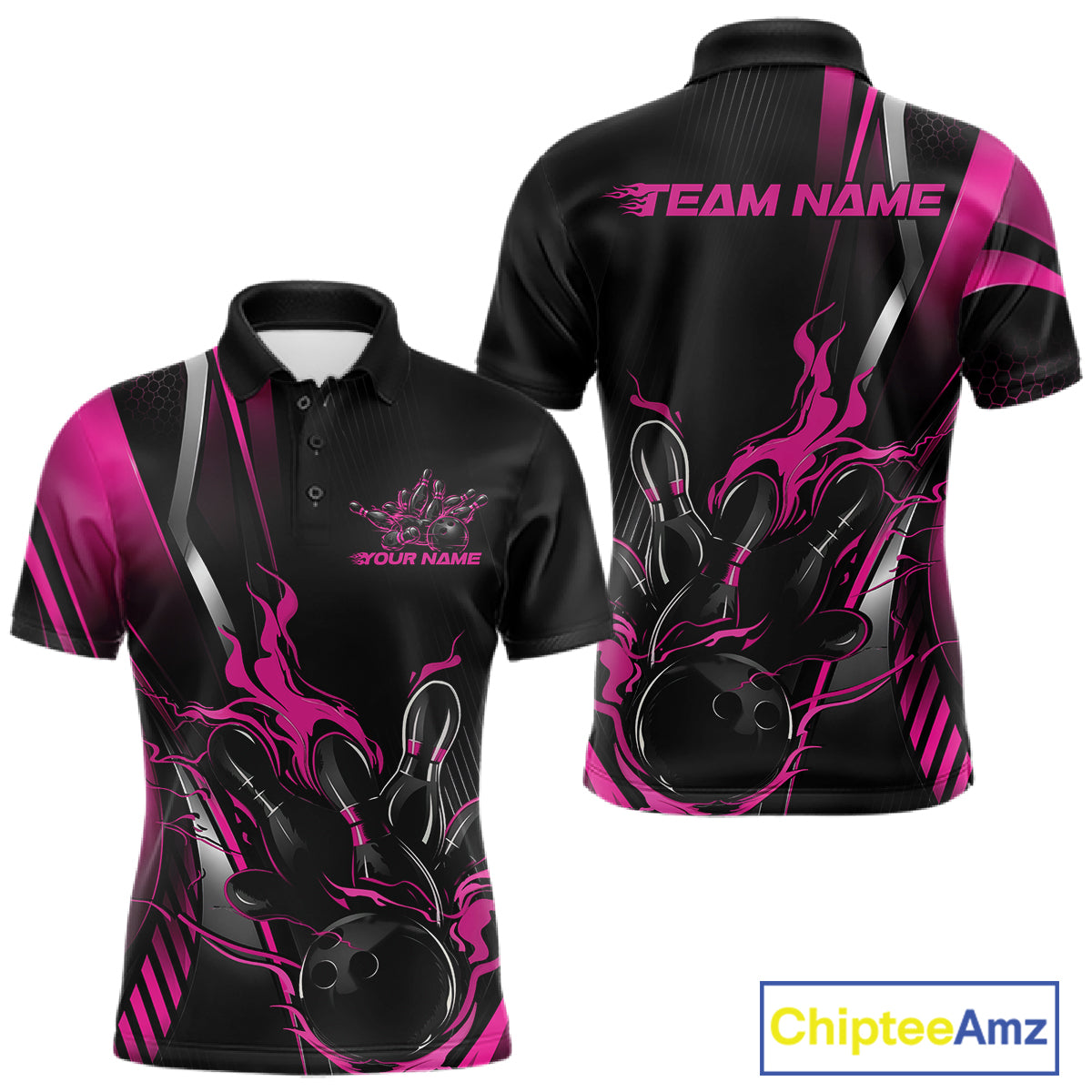 Custom Black And Pink Flame Bowling Jersey, Bowling Tournament Team Men Polo Shirt IPHW12200