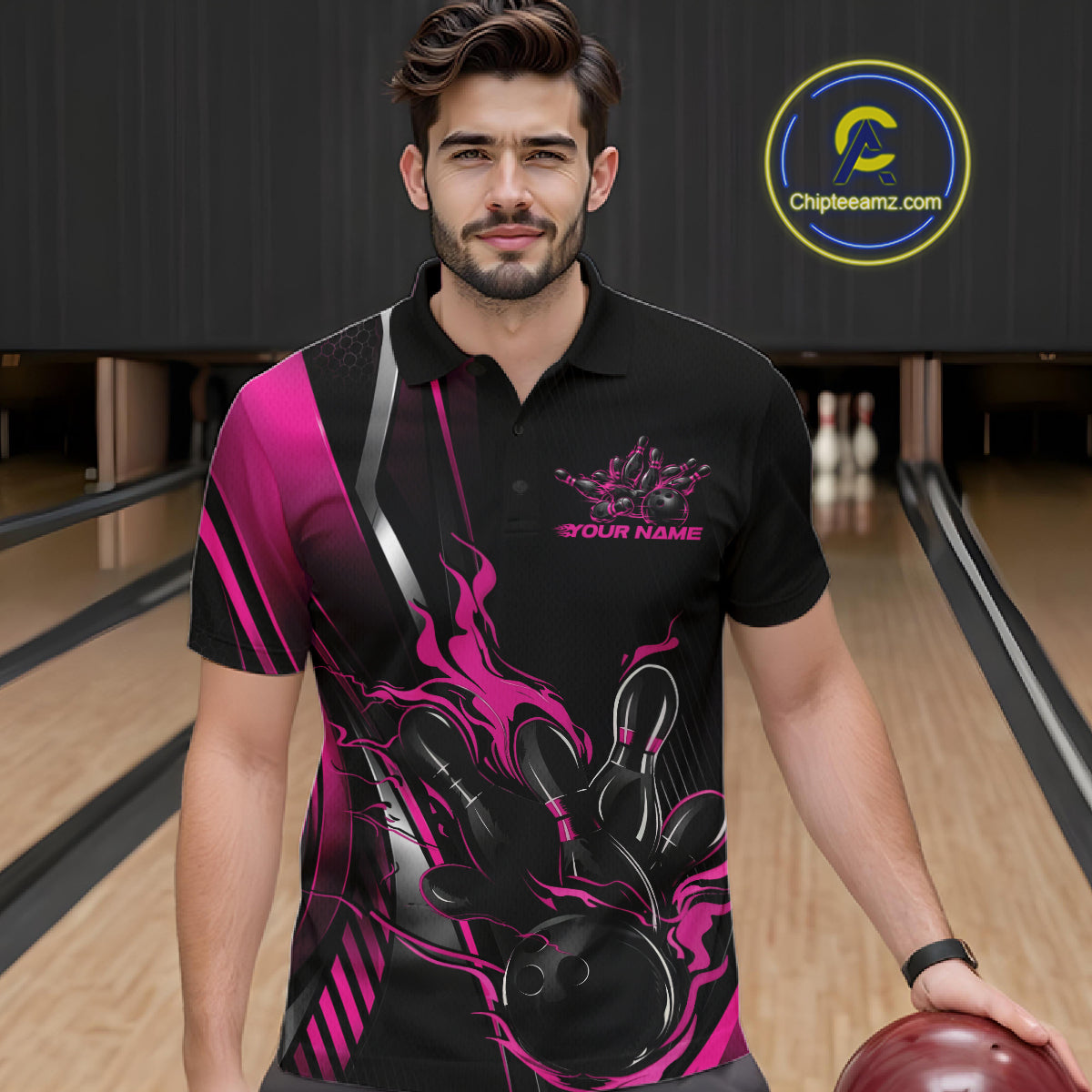 Custom Black And Pink Flame Bowling Jersey, Bowling Tournament Team Men Polo Shirt IPHW12200