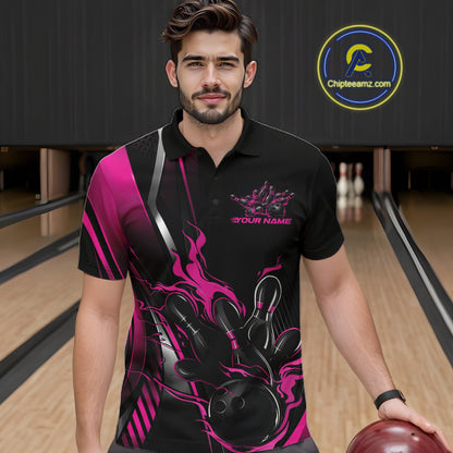 Custom Black And Pink Flame Bowling Jersey, Bowling Tournament Team Men Polo Shirt IPHW12200