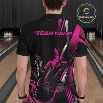 Custom Black And Pink Flame Bowling Jersey, Bowling Tournament Team Men Polo Shirt IPHW12200
