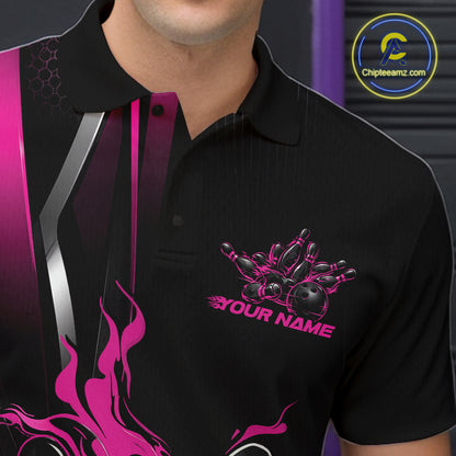 Custom Black And Pink Flame Bowling Jersey, Bowling Tournament Team Men Polo Shirt IPHW12200
