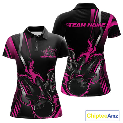 Custom Black And Pink Flame Bowling Jersey, Bowling Tournament Team Women Polo Shirt IPHW12200
