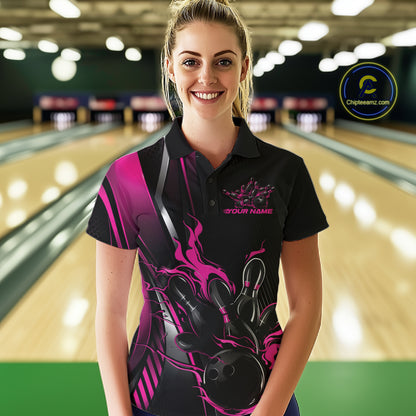 Custom Black And Pink Flame Bowling Jersey, Bowling Tournament Team Women Polo Shirt IPHW12200
