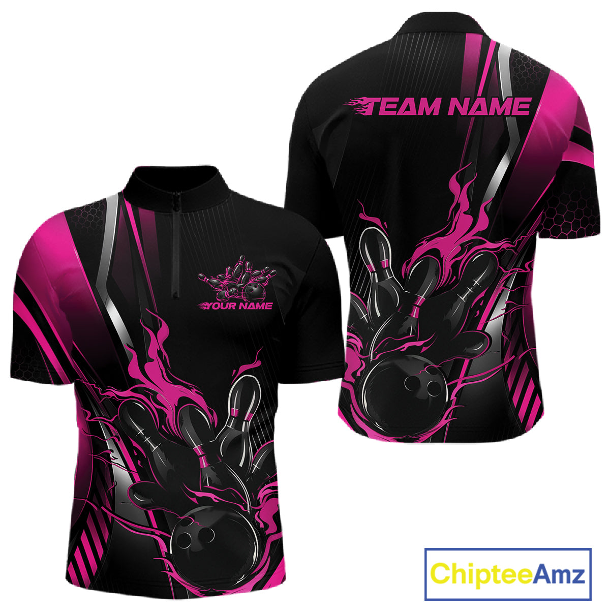 Custom Black And Pink Flame Bowling Jersey, Bowling Tournament Team Men Quarter Zip Shirt IPHW12200