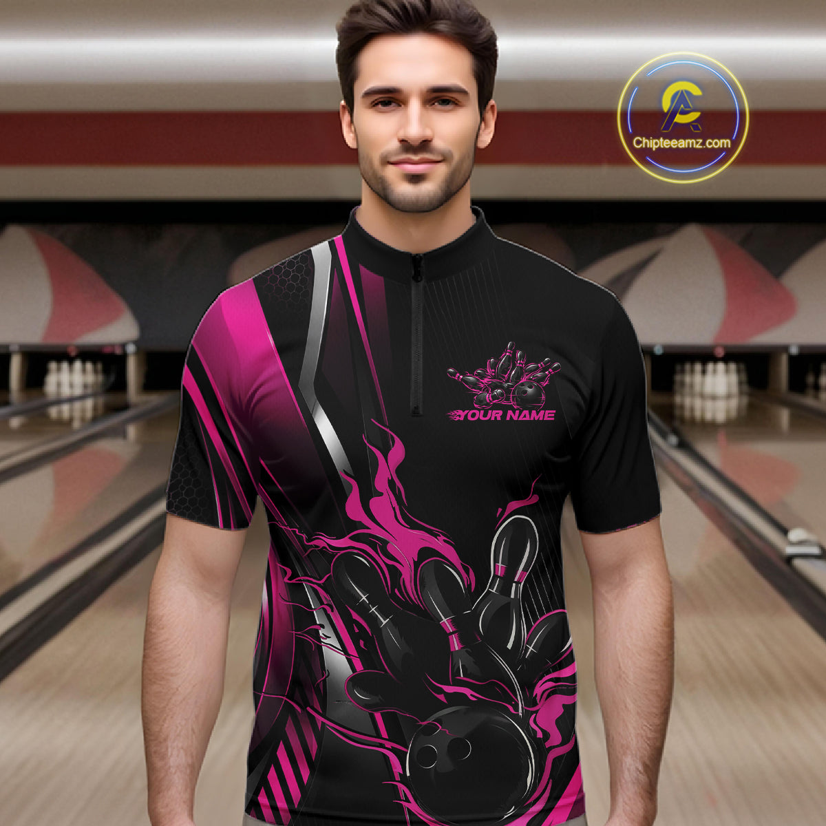 Custom Black And Pink Flame Bowling Jersey, Bowling Tournament Team Men Quarter Zip Shirt IPHW12200