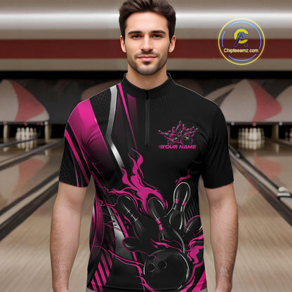 Custom Black And Pink Flame Bowling Jersey, Bowling Tournament Team Men Quarter Zip Shirt IPHW12200