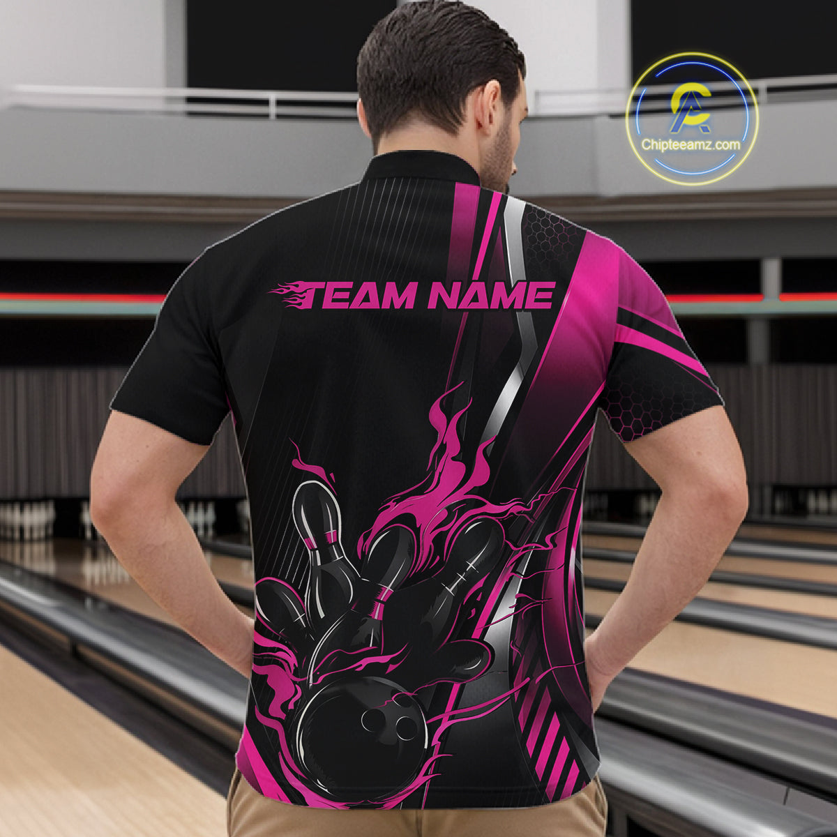 Custom Black And Pink Flame Bowling Jersey, Bowling Tournament Team Men Quarter Zip Shirt IPHW12200