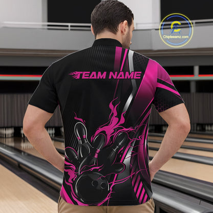 Custom Black And Pink Flame Bowling Jersey, Bowling Tournament Team Men Quarter Zip Shirt IPHW12200