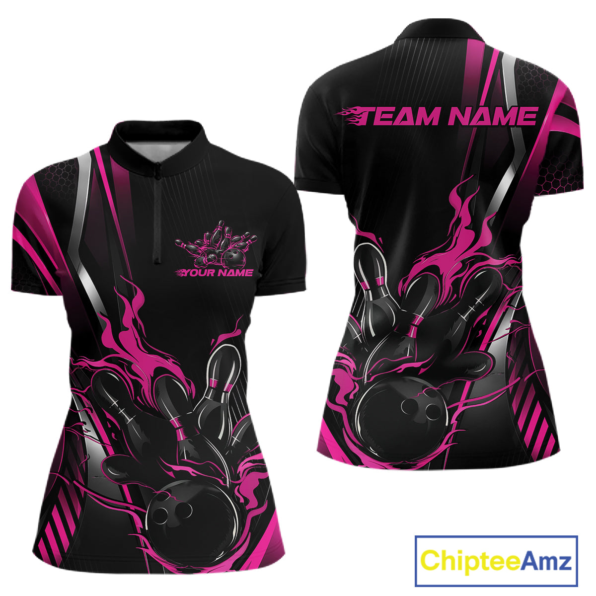 Custom Black And Pink Flame Bowling Jersey, Bowling Team Women Quarter-Zip Shirt IPHW12200
