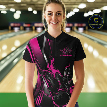 Custom Black And Pink Flame Bowling Jersey, Bowling Team Women Quarter-Zip Shirt IPHW12200