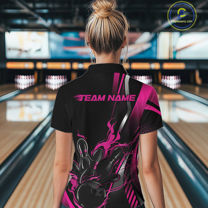 Custom Black And Pink Flame Bowling Jersey, Bowling Team Women Quarter-Zip Shirt IPHW12200