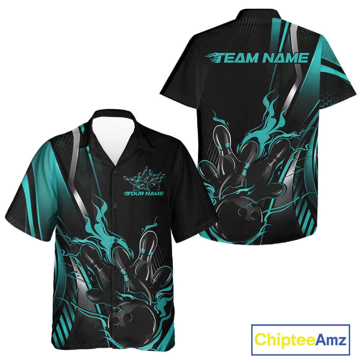 Custom Black And Turquoise Blue Flame Bowling Jersey, Bowling Tournament Men And Women Button Up Shirt IPHW12201