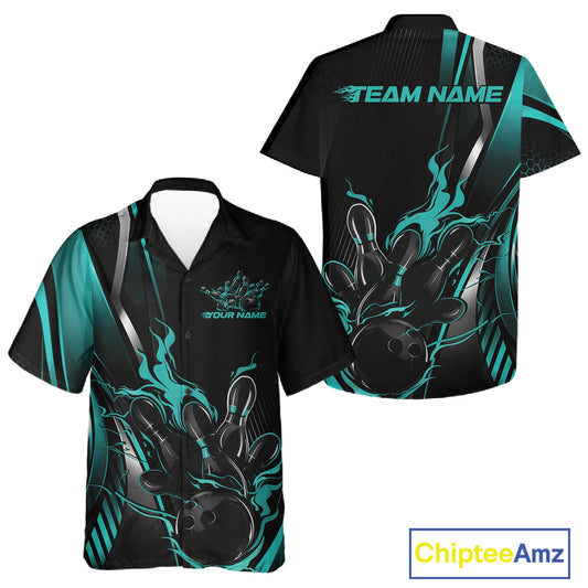 Custom Black And Turquoise Blue Flame Bowling Jersey, Bowling Tournament Men And Women Button Up Shirt IPHW12201