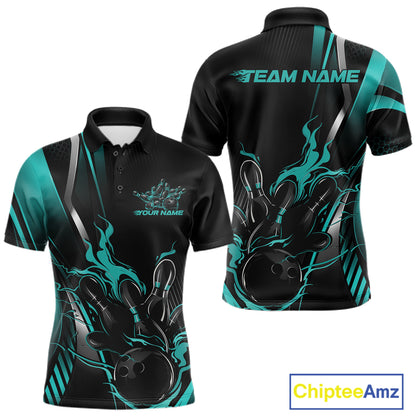 Custom Black And Turquoise Blue Flame Bowling Jersey, Bowling Tournament Men Polo Shirt IPHW12201
