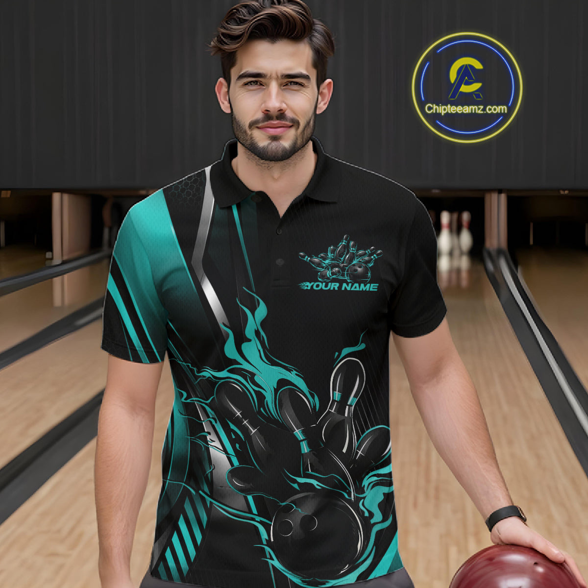 Custom Black And Turquoise Blue Flame Bowling Jersey, Bowling Tournament Men Polo Shirt IPHW12201