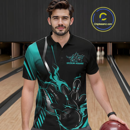 Custom Black And Turquoise Blue Flame Bowling Jersey, Bowling Tournament Men Polo Shirt IPHW12201