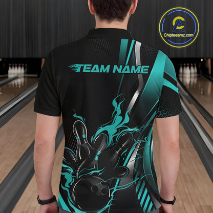 Custom Black And Turquoise Blue Flame Bowling Jersey, Bowling Tournament Men Polo Shirt IPHW12201