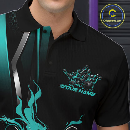 Custom Black And Turquoise Blue Flame Bowling Jersey, Bowling Tournament Men Polo Shirt IPHW12201