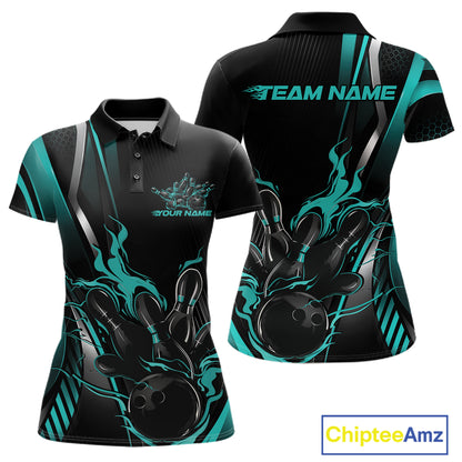 Custom Black And Turquoise Blue Flame Bowling Jersey, Bowling Tournament Women Polo Shirt IPHW12201