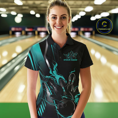 Custom Black And Turquoise Blue Flame Bowling Jersey, Bowling Tournament Women Polo Shirt IPHW12201