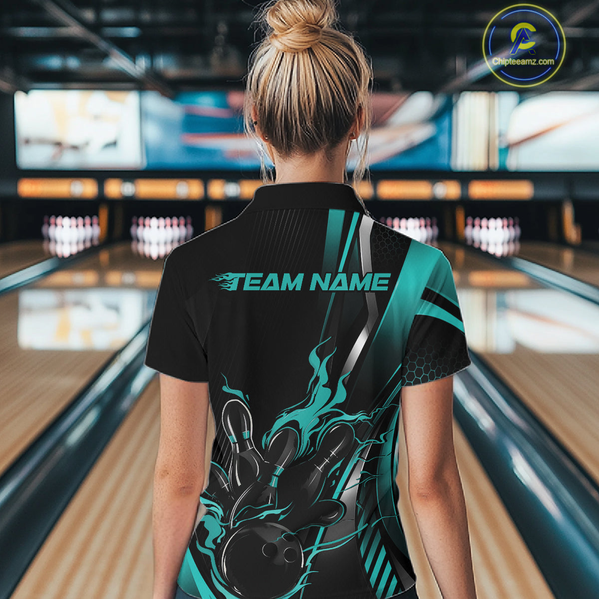 Custom Black And Turquoise Blue Flame Bowling Jersey, Bowling Tournament Women Polo Shirt IPHW12201
