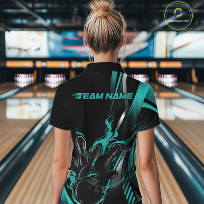 Custom Black And Turquoise Blue Flame Bowling Jersey, Bowling Tournament Women Polo Shirt IPHW12201