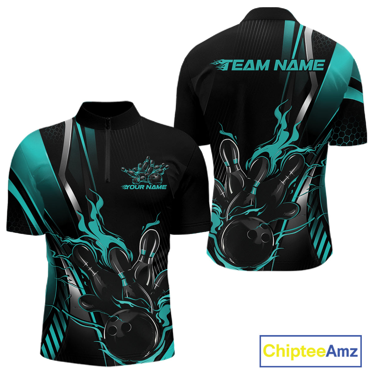 Custom Black And Turquoise Blue Flame Bowling Jersey, Bowling Tournament Men Quarter Zip Shirt IPHW12201