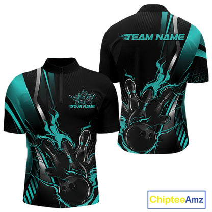 Custom Black And Turquoise Blue Flame Bowling Jersey, Bowling Tournament Men Quarter Zip Shirt IPHW12201