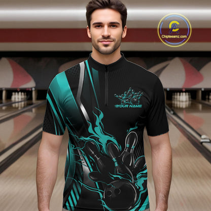 Custom Black And Turquoise Blue Flame Bowling Jersey, Bowling Tournament Men Quarter Zip Shirt IPHW12201