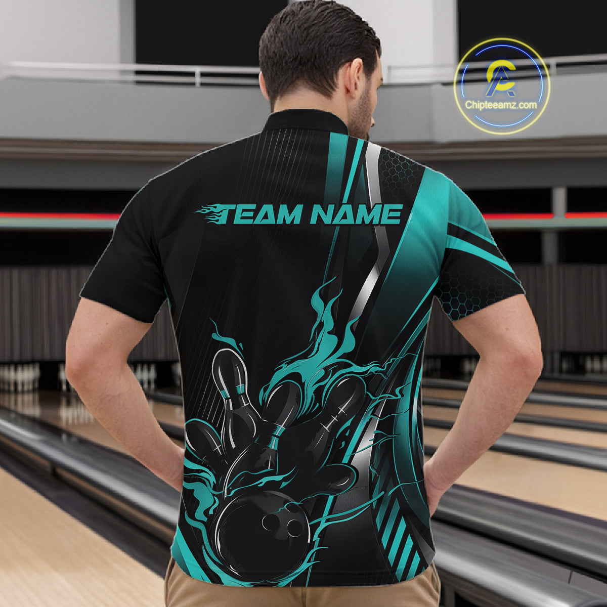 Custom Black And Turquoise Blue Flame Bowling Jersey, Bowling Tournament Men Quarter Zip Shirt IPHW12201