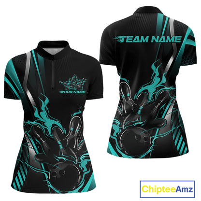Custom Black And Turquoise Blue Flame Bowling Jersey, Bowling Women Quarter-Zip Shirt IPHW12201