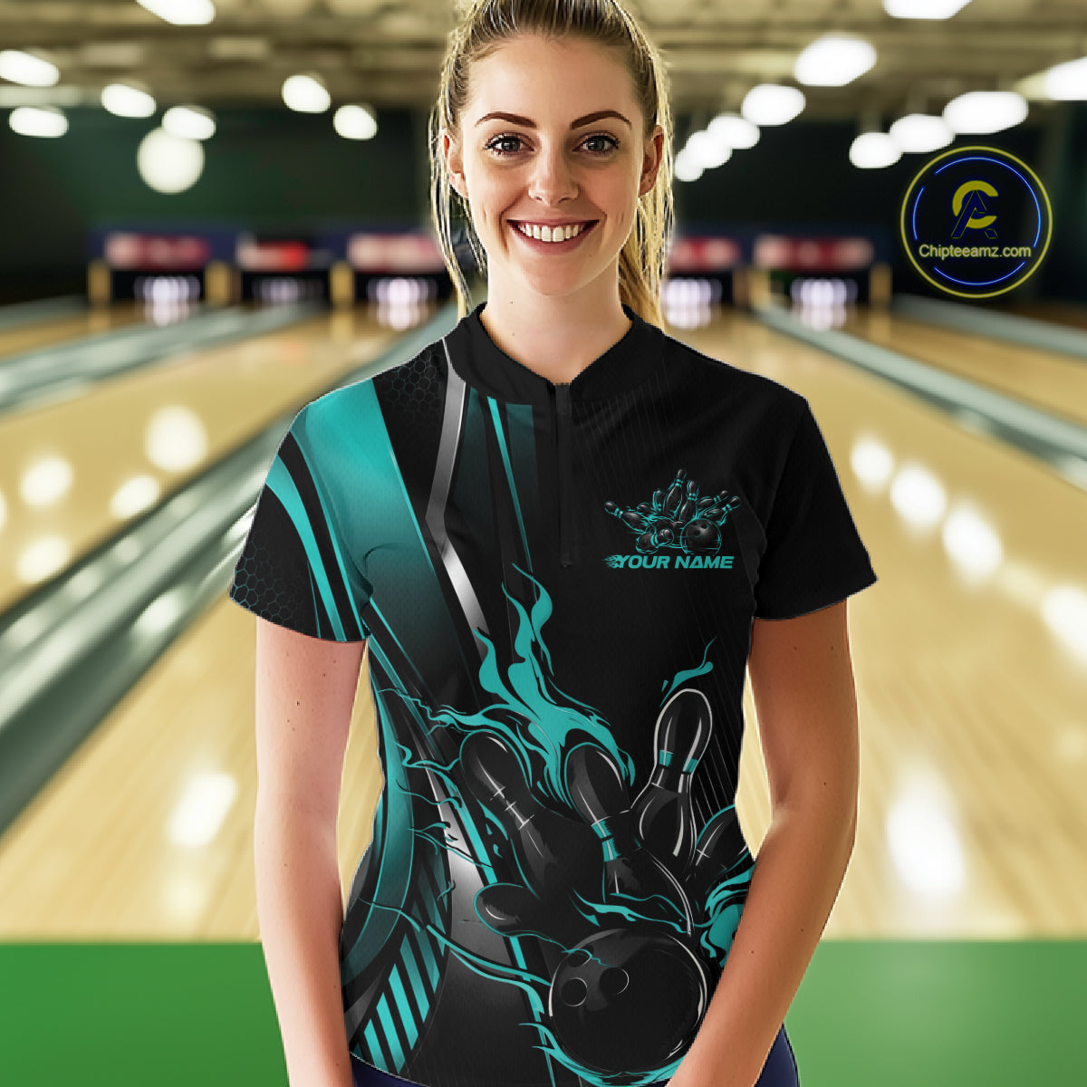 Custom Black And Turquoise Blue Flame Bowling Jersey, Bowling Women Quarter-Zip Shirt IPHW12201