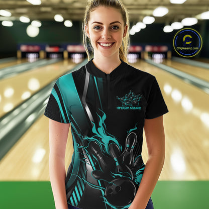 Custom Black And Turquoise Blue Flame Bowling Jersey, Bowling Women Quarter-Zip Shirt IPHW12201