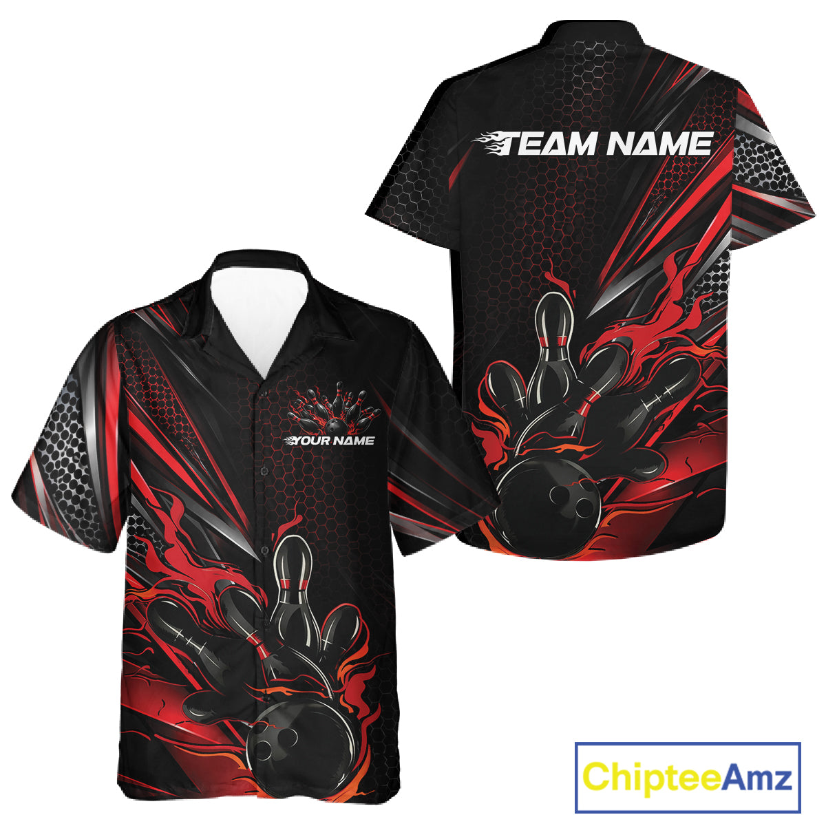 Custom Black And Red Flame Bowling Team Men And Women Button Up Shirt, Bowling League Shirt IPHW12202