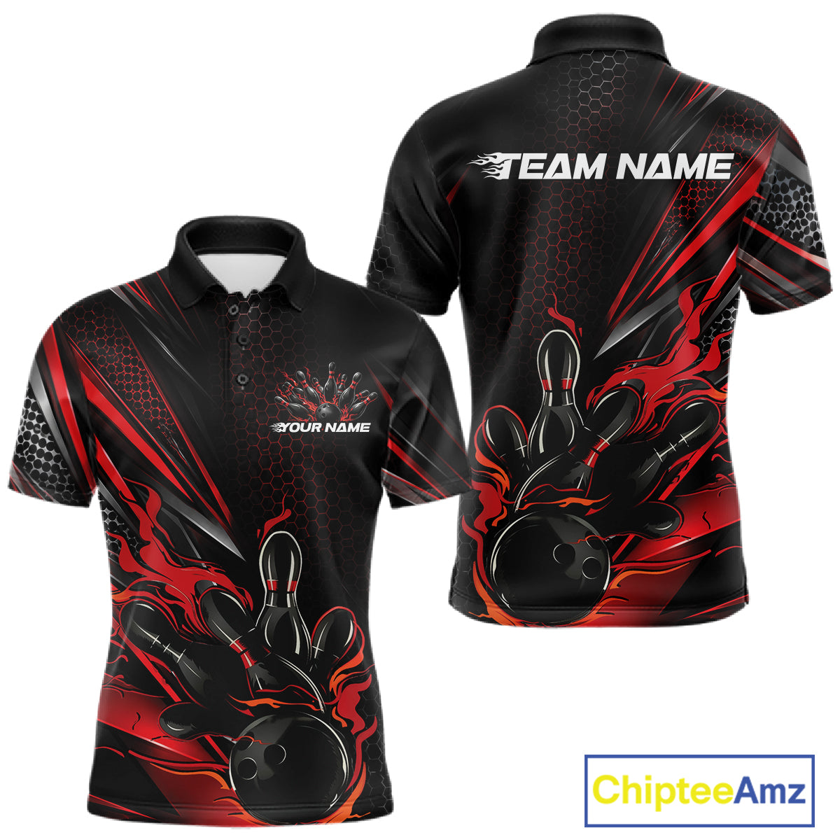 Custom Black And Red Flame Bowling Team Men Polo Shirt, Bowling League Shirt IPHW12202