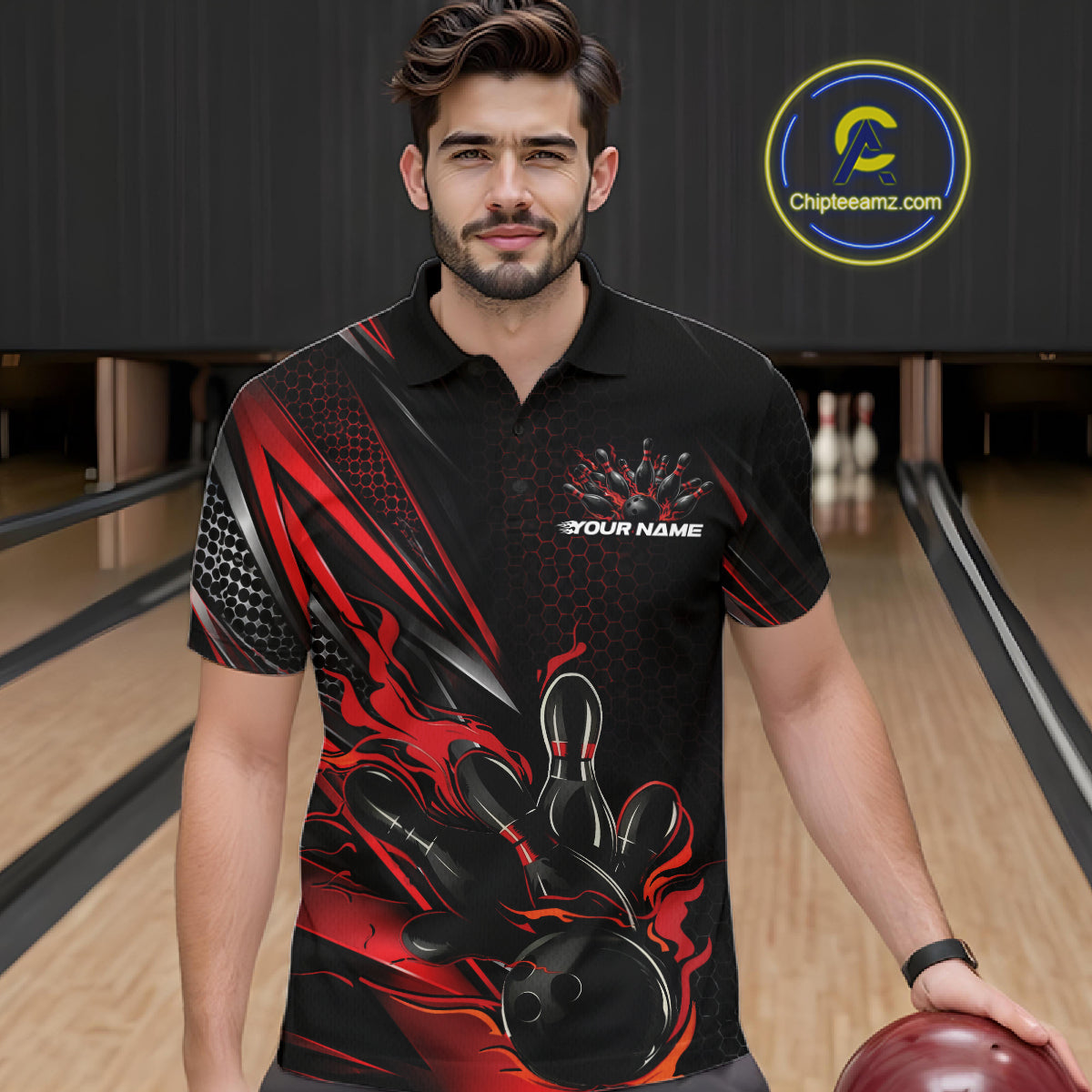 Custom Black And Red Flame Bowling Team Men Polo Shirt, Bowling League Shirt IPHW12202