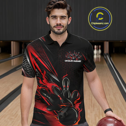 Custom Black And Red Flame Bowling Team Men Polo Shirt, Bowling League Shirt IPHW12202