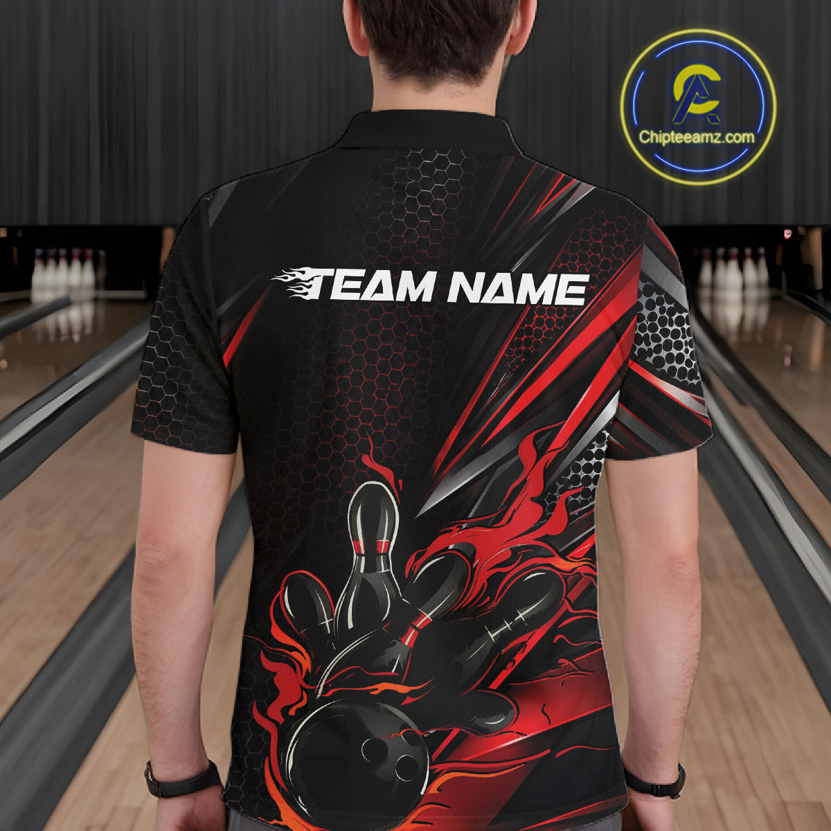Custom Black And Red Flame Bowling Team Men Polo Shirt, Bowling League Shirt IPHW12202