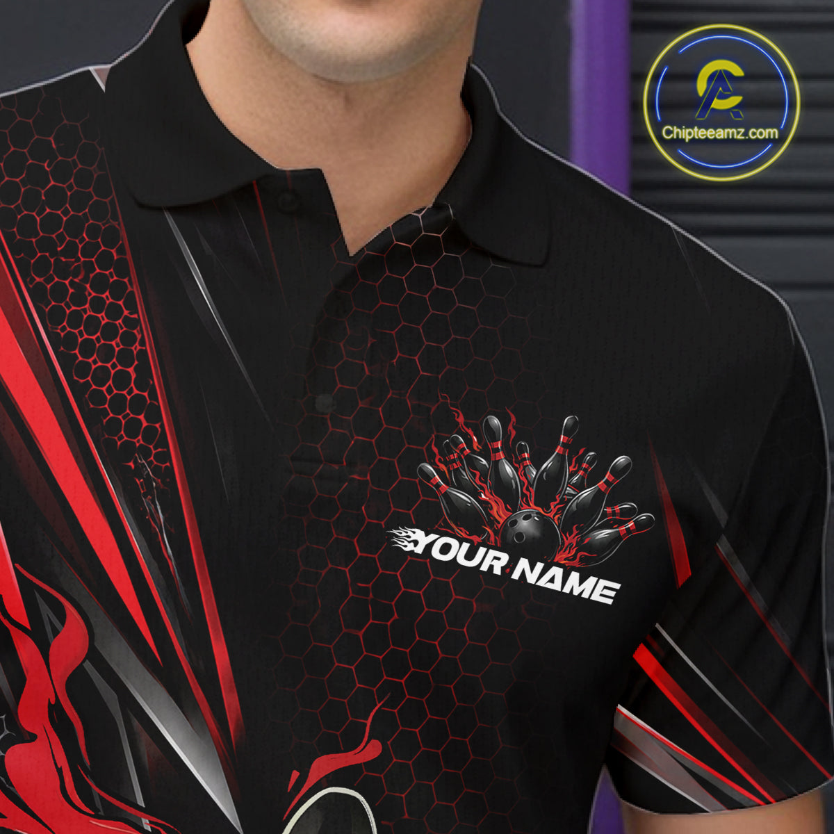 Custom Black And Red Flame Bowling Team Men Polo Shirt, Bowling League Shirt IPHW12202