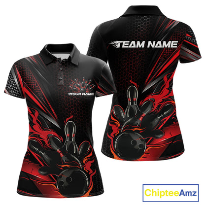 Custom Black And Red Flame Bowling Team Women Polo Shirt, Bowling League Shirt IPHW12202