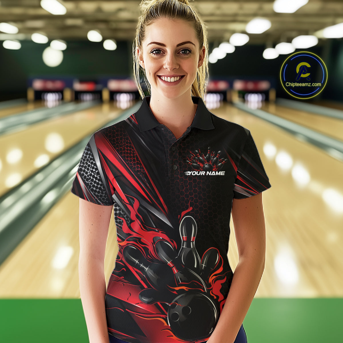 Custom Black And Red Flame Bowling Team Women Polo Shirt, Bowling League Shirt IPHW12202