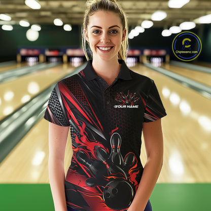 Custom Black And Red Flame Bowling Team Women Polo Shirt, Bowling League Shirt IPHW12202